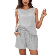 Womens Summer 2 Piece Outfits Sleeveless Tank Top Matching Shorts Sets Striped Print Vacation Beach Sets 2025