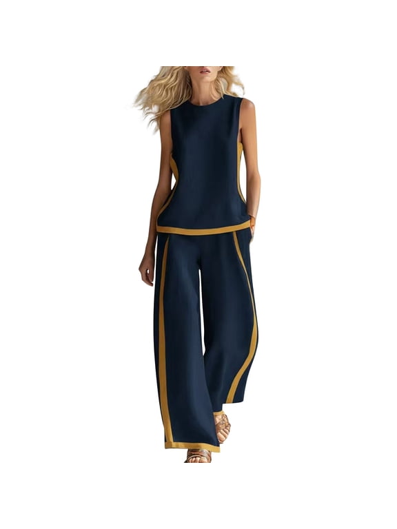 Women's Summer 2 Piece Outfits,Two Piece Linen Set Sleeve Crop Tops And Palazzo Pants Flowy Pants And Top Set Blue L