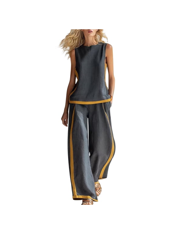 Women's Summer 2 Piece Outfits,Two Piece Linen Set Sleeve Crop Tops And Palazzo Pants Flowy Pants And Top Set Gray S