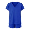 thumbnail image 1 of Women's Summer 2 Piece Outfits V Neck Short Sleeve Top and Drawstring Shorts Set with Pockets, 1 of 2