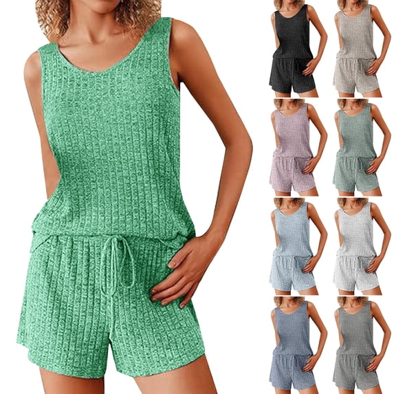 Women's Summer 2 Piece Pajama Set Sleeveless Tank and Shorts with Pockets Ribbed