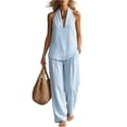thumbnail image 1 of Women's Summer 2 Piece Pant Set Cotton Striped Halter Vest Top Wide Leg Straight Trousers Casual Vacation Outfits,Light Blue XL, 1 of 8