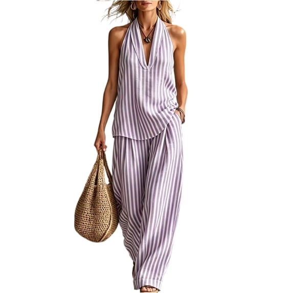 Women's Summer 2 Piece Pant Set Cotton Striped Halter Vest Top Wide Leg Straight Trousers Casual Vacation Outfits,Purple L