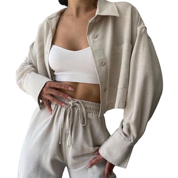 Women's Summer 2 Piece Sets 2023 Tracksuit Outfits Long Sleeve Button Down Shirt Drawstring Wide Leg Sweatpants Set Solid color Casual set With Pocket