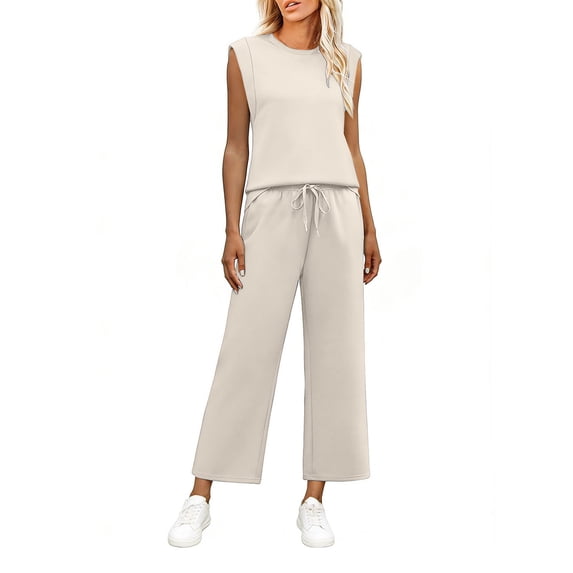 Women's Summer 2 Piece Sets Dressy Mock Neck Tank Top with Straight Leg Pants Business Casual Outfits with Pockets