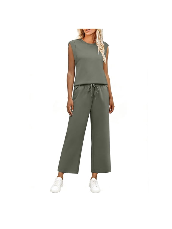 Women's Summer 2 Piece Sets Dressy Mock Neck Tank Top with Straight Leg Pants Business Casual Outfits with Pockets