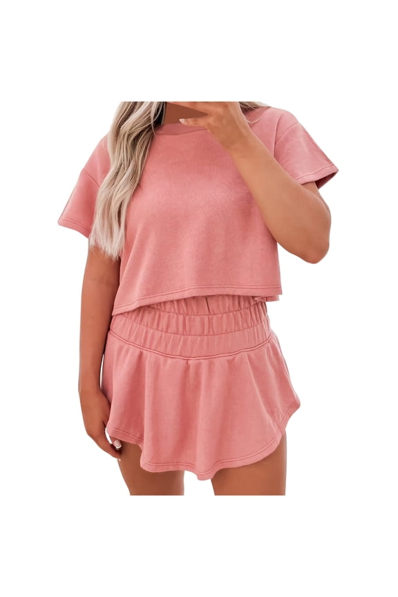 Women's Summer 2 Piece Sets Sweatsuits Casual Cropped Tee and Skort Set Matching Sets Trendy Lounge Outfits