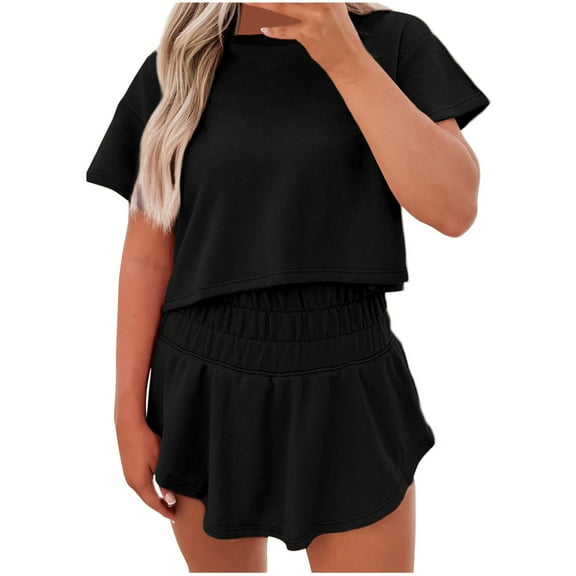 Women's Summer 2 Piece Sets Sweatsuits Casual Cropped Tee and Skort Set Matching Sets Trendy Lounge Outfits