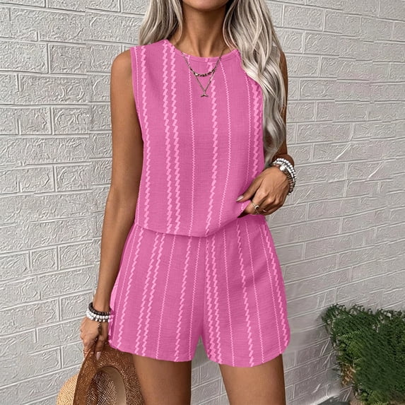 Women's Summer 2 Piece Short Sets Lounge Sleeveless Top Shorts Matching Outfits Casual Striped Vacation Sweatsuit 2XL