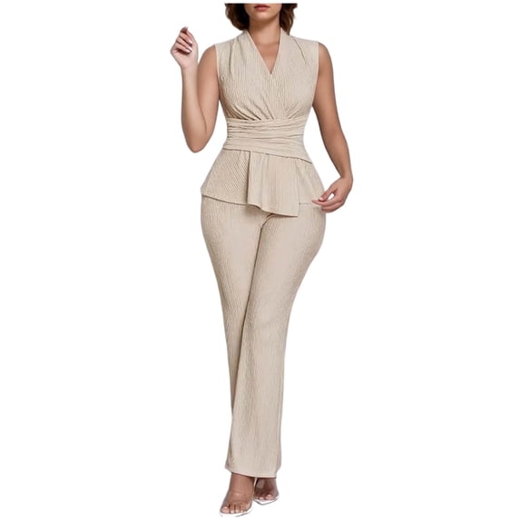Women's Summer 2 Piece Suit Sets Elegant V Neck Wrap Peplum Tank Top with Straight Leg Pants Business Casual Outfits