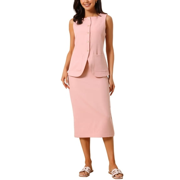 Women's Summer 2 Piece Suit Skirt Set Business Work Set Button Down Sleeveless Vest Blazer and Pencil Skirt L Dusty Pink