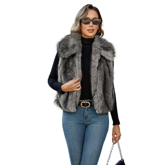 ieFashion Womens Faux Fur Vest Lapel Collar Sleeveless Open Front Cardigan Top Fuzzy Coats Jacket Fluffy Outwear with Pockets