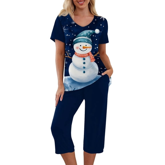 Women's Summer 2 Piece Workout Set: Short Sleeved Christmas Print Top & Capris Pants with Pockets, Blue, Size M​