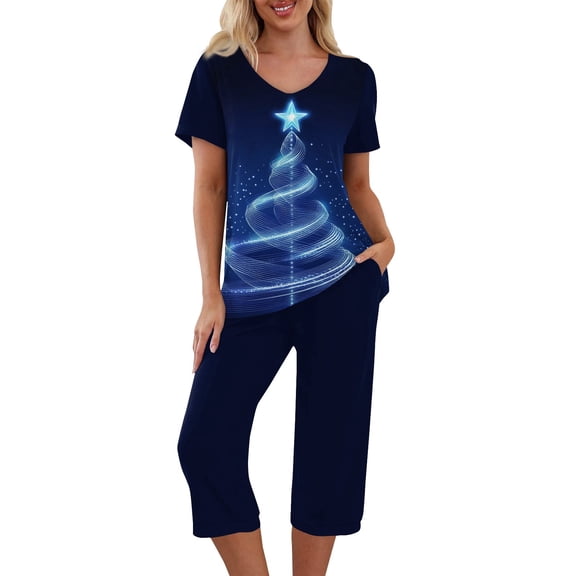 Women's Summer 2 Piece Workout Set: Short Sleeved Christmas Print Top & Capris Pants with Pockets, Royal Blue, Size S​