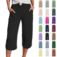 thumbnail image 1 of Women's Summer 3/4 Length Linen Trousers Lightweight Breathable Fabric with Pockets and Elastic Waist for Beach and Casual Wear, 1 of 6