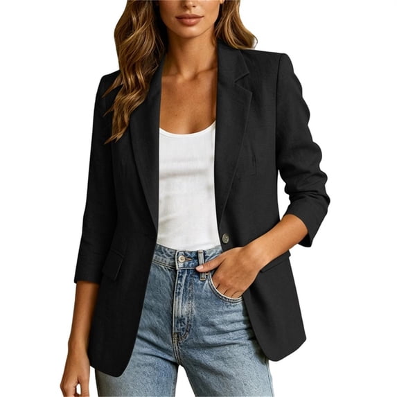 Women's Summer 3/4 Sleeve Blazer Lightweight Breathable Fully Lined Slim office Jacket with Pockets Black XL(XL)