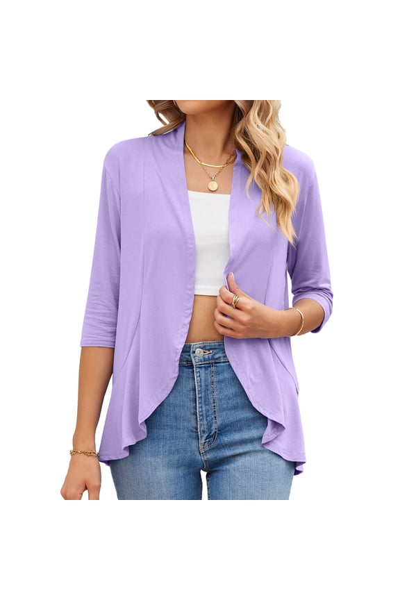 Women's Summer 3/4 Sleeve Cardigan Lightweight Open Front Cardigans Draped Ruffle Soft Casual Tops Cardigan Sweaters for Lady Lightweight Purple L