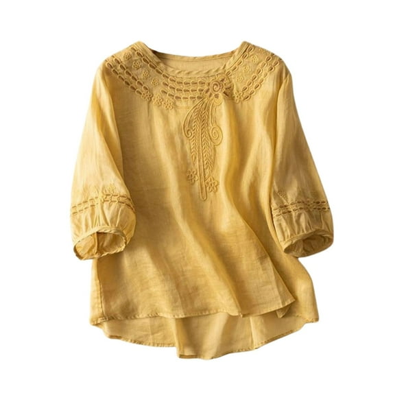 Women's Summer 3/4 Sleeve Cotton Linen Tops Vintage Mexican Embroidered Shirts Casual V Neck Boho Blouse Oversized