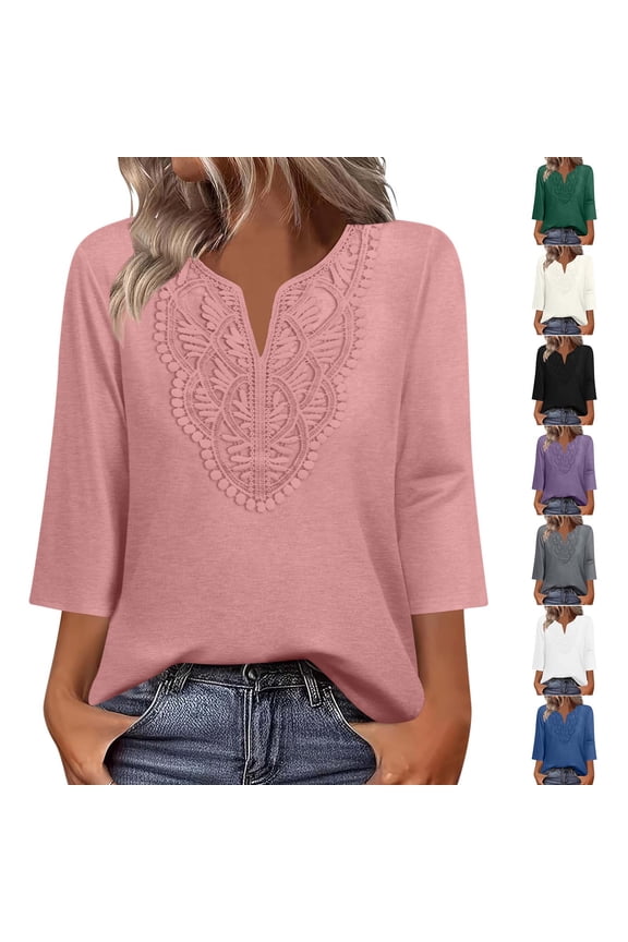 Women's Summer 3/4 Sleeve V Neck Hollow Out Top Shirts Blouses, Solid Color Loose Fit Boho Chic, Casual Vacation Beach Party Night Out Fashion Essential Gift | Aestivo,Purple XL