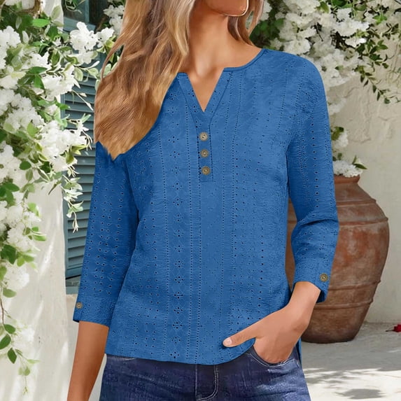 Women's Summer 3/4 Sleeves T Shirt Tops Oversized V Neck Button Up Short Sleeve Shirt Casual Solid Loose Comfy Boho Beach Vacation Three Quarter Sleeve Shirt
