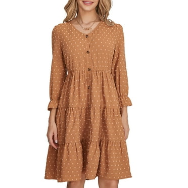 Women's Summer A-Line Dress Swiss Dot Long Sleeve V-Neck Front Button High Waist Knee Length Dress