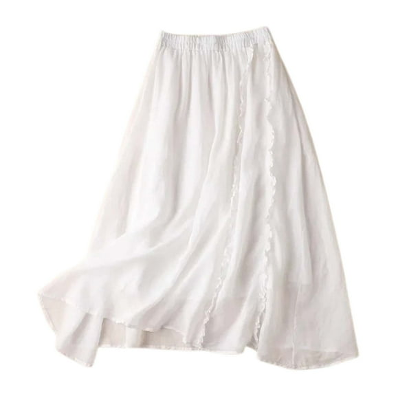 Women's Summer A Line Skirt With Elastic Waist Linen Blend Embroidered Lace Edge Casual Midi Skirt