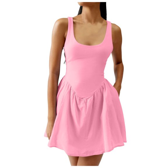 Women's Summer Athletic Tennis Dress with Built in Shorts Square Neck Workout Exercise Active Golf Dresses with Pockets
