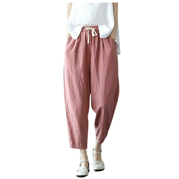 Women's Summer Baggy Linen Capri Pants Trousers Casual Elastic Waist Harem Pants Loose Fit Capris with Pockets Plus Size