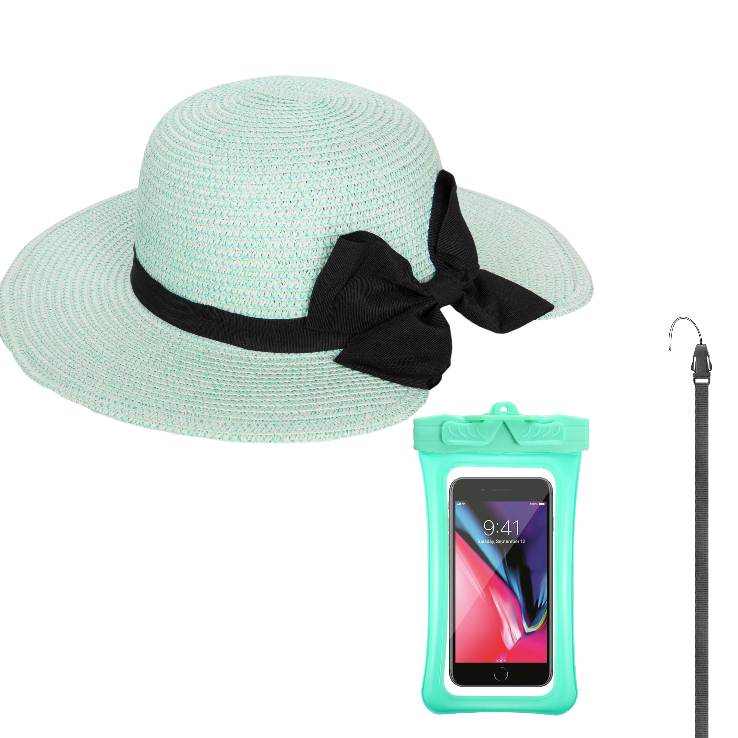 Women’s Summer Beach Essentials Set – Aqua Green Packable Wide Brim Straw Sun Hat with Ribbon Bow & Aqua Green Waterproof Phone Pouch with Lanyard