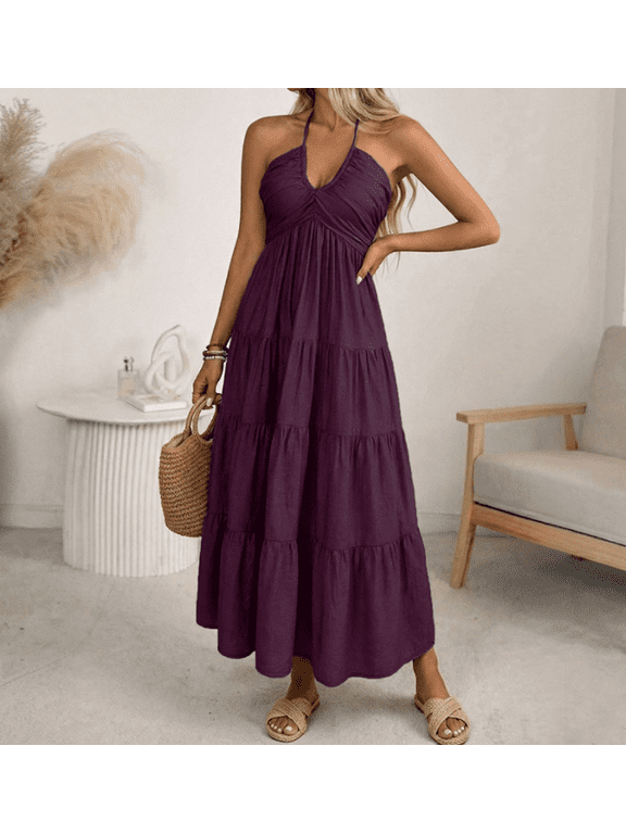 Women's Summer Beach Halter Sundress Formal Wedding Guest Dress Backless Flowy Vacation Boho Maxi Dresses