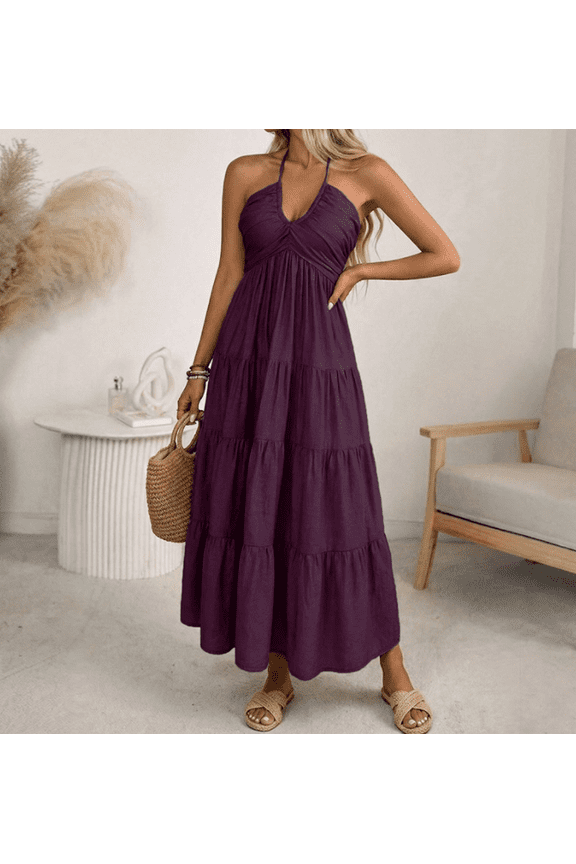 Women's Summer Beach Halter Sundress Formal Wedding Guest Dress Backless Flowy Vacation Boho Maxi Dresses
