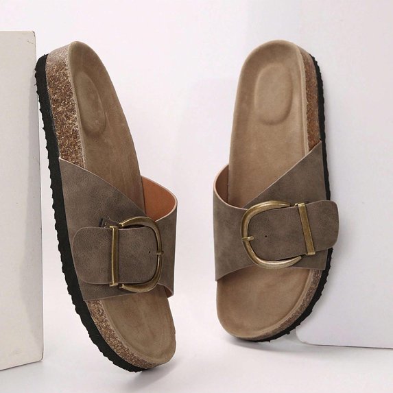 Women’s Summer Beach Sandals - Lightweight, Flat, Slip-On Design with Adjustable Strap and Golden Buckle