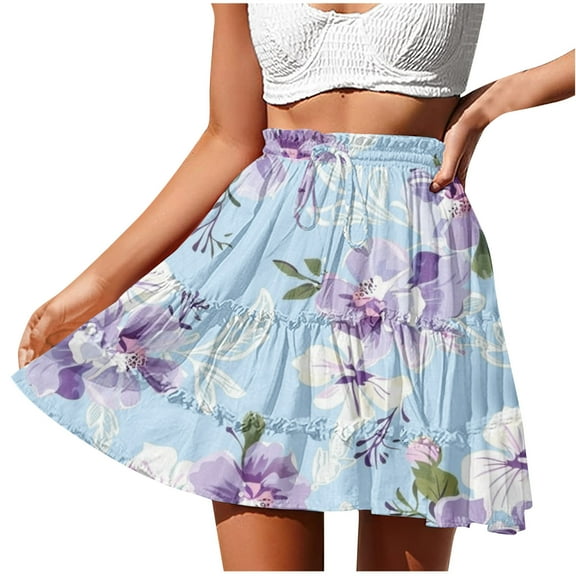 Women's Summer Beach Skirts Sunflower Dress Pleated Ruffle Skirt Drawstring Adjustment Skirt