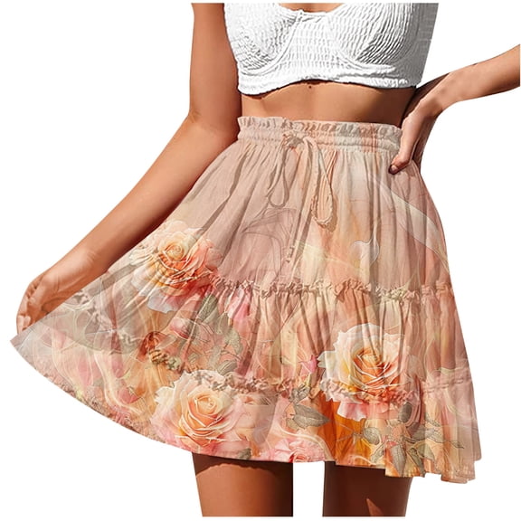 Women's Summer Beach Skirts Sunflower Dress Pleated Ruffle Skirt Drawstring Adjustment Skirt