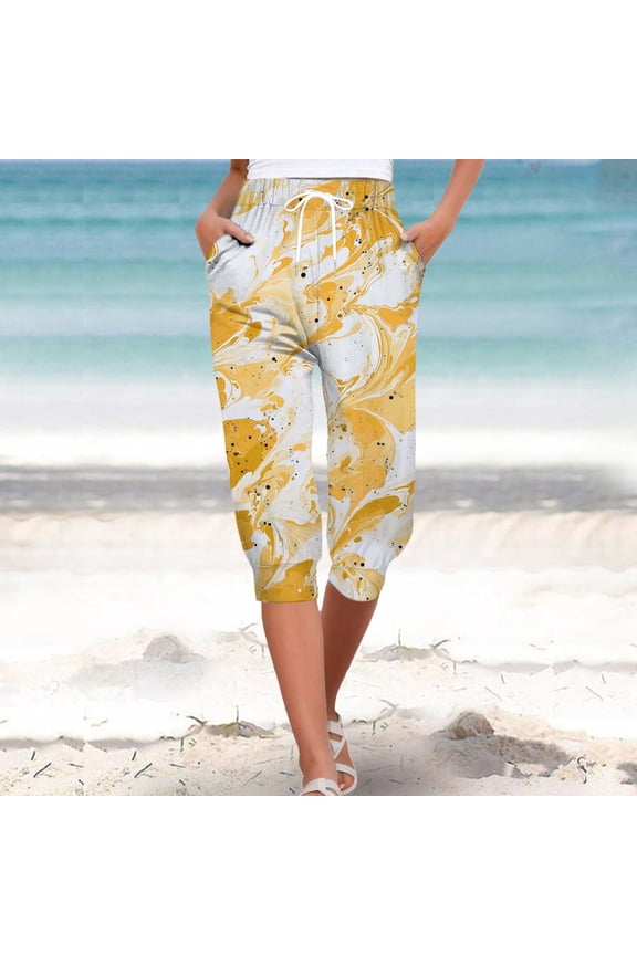 Women's Summer Beach Style Printed High Waist Drawstring Pocket Split Sport Casual Pants (2) Women Bow Tie High Waist Pencil Cropped Pant Slim Fit Casual Trouser Womens Baggy Pants Soft Pants for