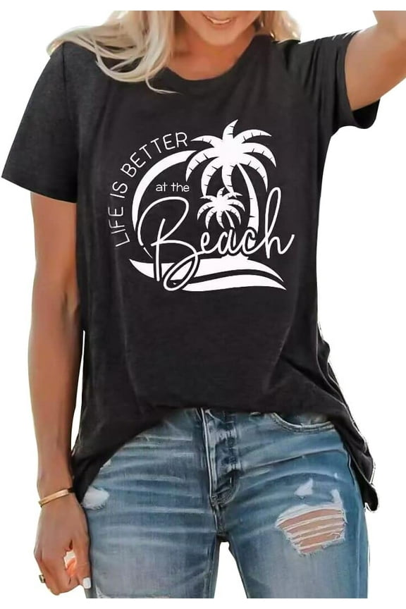 Women's Summer Beach T Shirt Cute Palm Tree Graphic Loose Tees Short Sleeve Casual Tops
