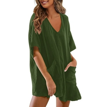 Women's Summer Beach Vacation Rompers 2025 Cute Short Sleeve V Neck Short Overalls Jumpsuits with Pockets
