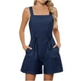 thumbnail image 1 of Women's Summer Bibs Comfy Linen Blend Romper Shorts with Pockets Drawstring Casual Overalls Jumpsuits (2XL, Blue), 1 of 7