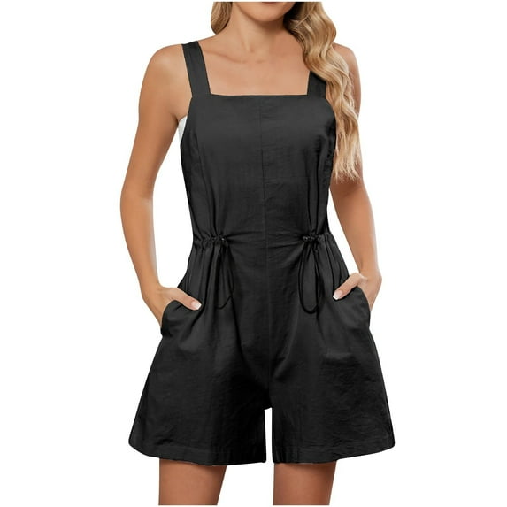 Women's Summer Bibs Comfy Linen Blend Romper Shorts with Pockets Drawstring Casual Overalls Jumpsuits (S, Black)