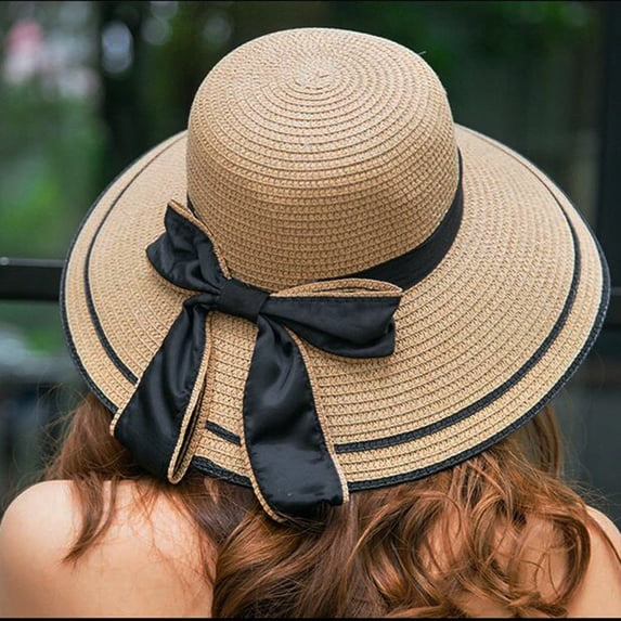 Women's Summer Big Straw Hat Floppy Wide Brim Bowknot Foldable Beach Cap