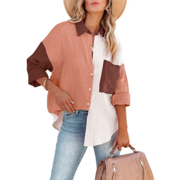 Women's Summer Blouse Contrast Color Stitching T-Shirts Long Sleeve Lapel Button Closure Tops Loose Versatile Casual Clothes