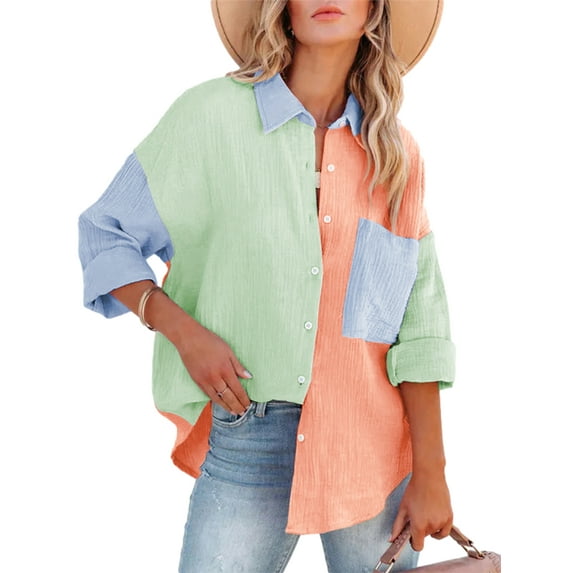 Women's Summer Blouse Contrast Color Stitching T-Shirts Long Sleeve Lapel Button Closure Tops Loose Versatile Casual Clothes