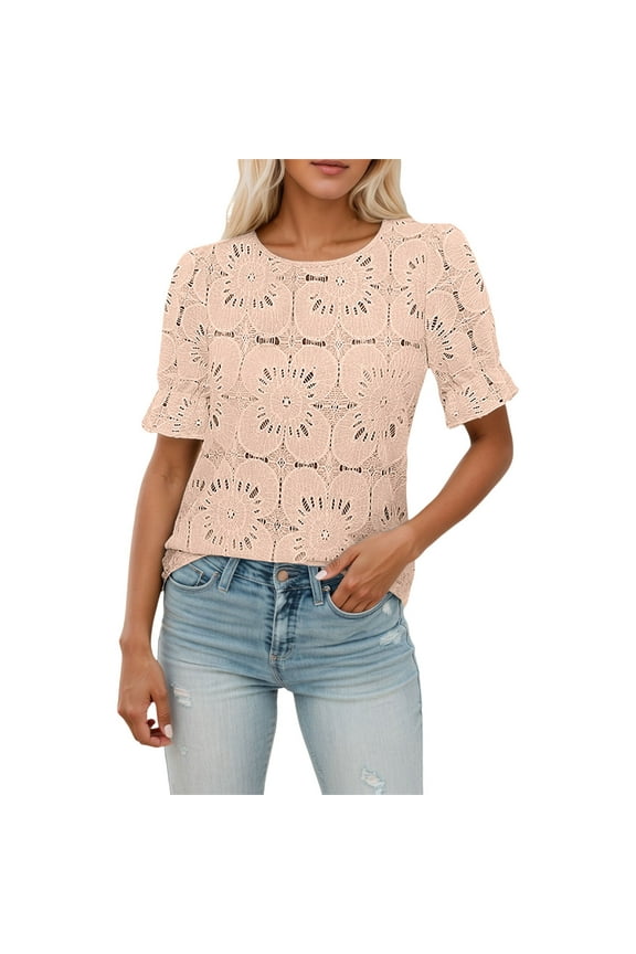 Women's Summer Blouse with Elegant Eyelet and Crochet Lace Embroidered Detail for Dressy Casual Wear Oversized T-shirts Short Sleeve Crewneck Casual Tops