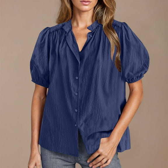 Women's Summer Blouse, Lace V-Neck Top with Lantern Sleeve, Casual Soft Stretch Shirt