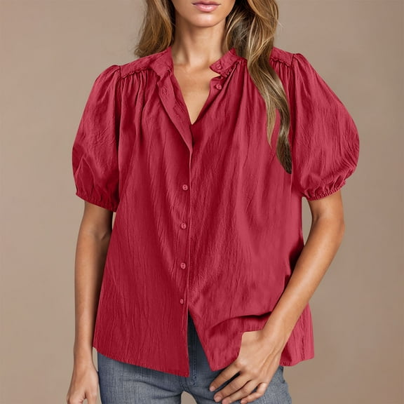 Women's Summer Blouse, Lace V-Neck Top with Lantern Sleeve, Casual Soft Stretch Shirt