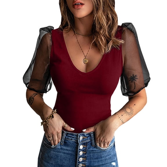 Women's Summer Blouse Retro U Neck Tops Slim Fit Semi Sheer 3/4 Mesh Sleeve Top
