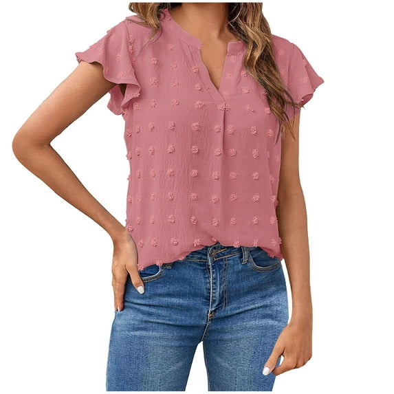Women's Summer Blouses V Neck Swiss Dots Plain Work Tops Ruffle Short Sleeve Casual Comfy Loose Tunic Tops T Shirts