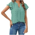 thumbnail image 1 of Women's Summer Blouses V Neck Swiss Dots Plain Work Tops Ruffle Short Sleeve Casual Comfy Loose Tunic Tops T Shirts, 1 of 7