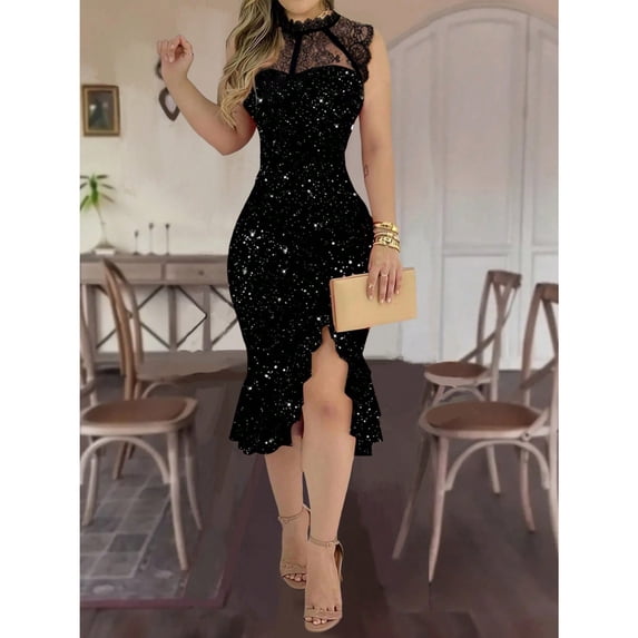 Women's Summer Bodycon Midi Dress Ruffle Hem Sleeveless Party Cocktail Dress