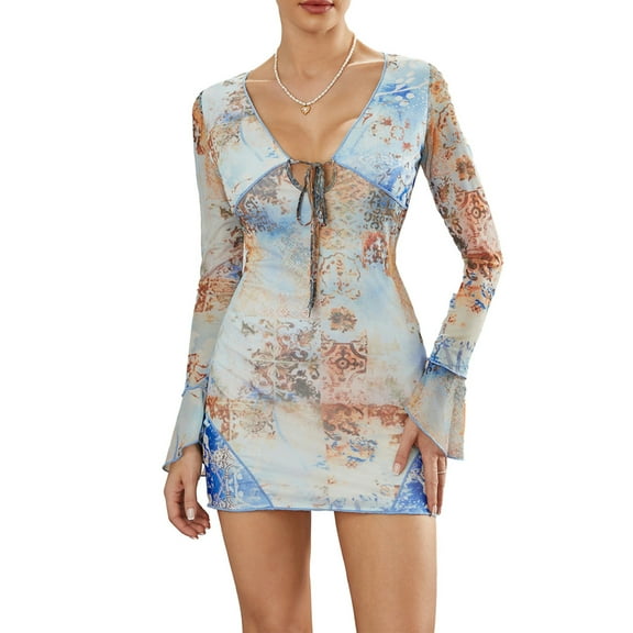 Women's Summer Bodycon Mini Dress Retro Print V-Neck Flare Long Sleeve Slim Short Dress